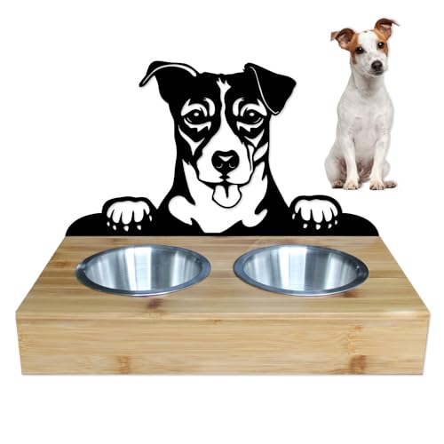 Lefevre Paris • Schüsselhalter für Hunde und Katzen aus Metall und Holz. 2 Edelstahlschüsseln im Lieferumfang enthalten. Nahrung/Wasser. Länge 350 mm, Höhe 258 mm. Jack Russell Terrier von Lefevre Paris