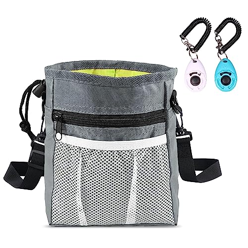 Left&Right Hundeklicker Trainingsset, Hundetraining Leckerlibeutel und Hundeklicker, Haustier Leckerli-Tasche mit Hüftgurt Schultergurt Kotbeutelspender,Grau von Left&Right