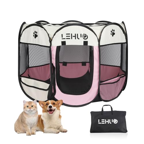 Lehuo PRO+ Laufstall für Hunde, tragbar, faltbar, Premium-600D-Oxford-Gewebe, 91,4 cm, abnehmbarer Reißverschluss oben, Bodenverdickung, Rosa von Lehuo