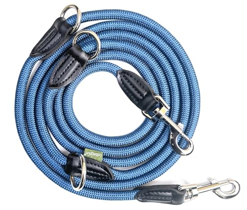 Leisegrün Verstellbare Hundeleine 3m - Robuste Nylon Doppelleine für mittelgroße bis große Hunde, 200kg Zugkraft, 2 Karabiner - Blau von Leisegrün