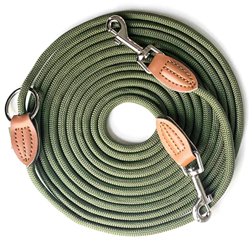 Leisegrün Hundeleine lang für kleine & mittelgroße Hunde | 5m Schleppleine mit 2 Karabiner | 5 Meter x 0,8 cm | Nur 300 g | Modell Devon | Olivgrün von Leisegrün