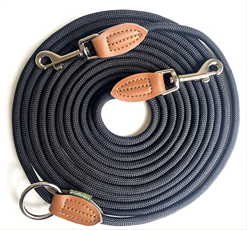 Leisegrün Hundeleine lang für kleine & mittelgroße Hunde | 5m Schleppleine mit 2 Karabiner | 5 Meter x 0,8 cm | Nur 300 g | Modell Devon | Schwarz von Leisegrün