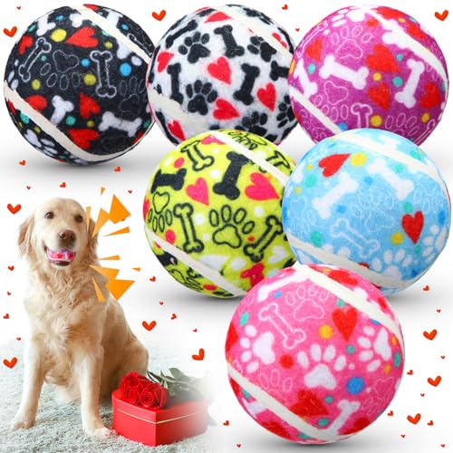 Leitee 6 Stück Valentinstag Hund Quietschende Tennisbälle 6,3 cm Sound Making Pet Toys Ball für kleine, mittelgroße und große Hunde, langlebiges Plüsch-Kauspielzeug, Zahnreinigung für Kauer, Hund, von Leitee