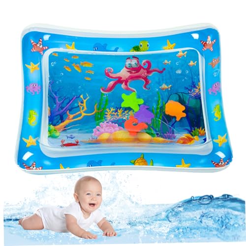 Bauchzeit Matte aufblasbar 27,2 x 19,7 Zoll Katzenwasserspiele Matte PVC Verdickter Wassersensor Spiele Matte mit Ozean Kreatur Wasserspiel Matte für Babys Haustiere Bauchzeit Matte von LejeMaek