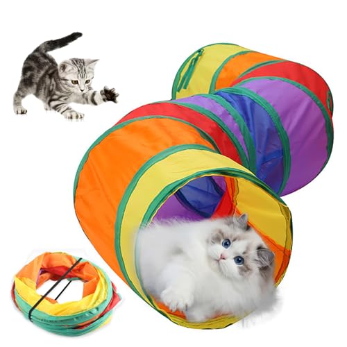 Cat Toys S Cat Tunnel 8.43x9,84 Zoll zusammenklappbar Kitty Indoor Outdoor -Spielzeug mit 2 Löchern und Spielball für Welpen Kaninchen kleines Tier Regenbogenfarbe täglich Vorräte von LejeMaek