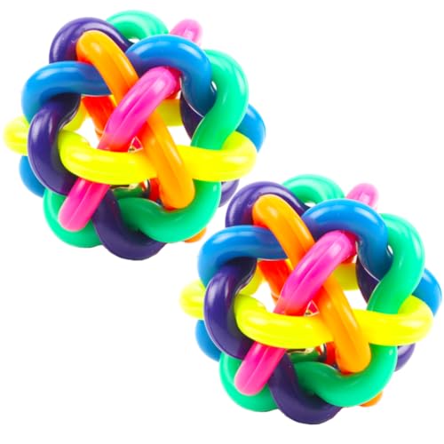 LejeMaek Hund Gummi Ball mit Bell Rainbow Bouncy Woven Toy Welpe Kaukugel für Aggressive Kauen zahle Reinigungstraining Spielen 8 cm 2pcs von LejeMaek