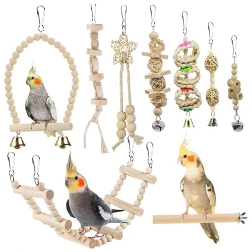 LejeMaek Parrot Toys, 9PCS/Set Wooden Parakeet Toys, Swing/Chewing/Standing Perch Hammock/Climbing Ladder Cockatiel Toys, Hanging Bird Cage Accessories Parakeet Toys von LejeMaek