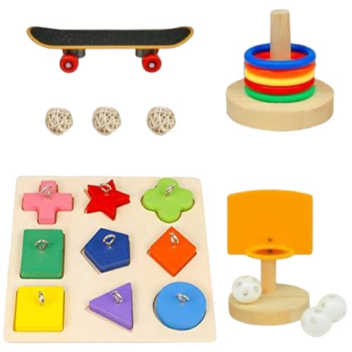 LejeMaek Parrot Toys Set, Parakeet Toys Include Bird Basketball Toy, Bird Skateboard, Bird Stacking Toy, Parrot Wooden Block Puzzles Toy Bird Food Grade Chew Toys for Bird Training Parakeet Toys von LejeMaek