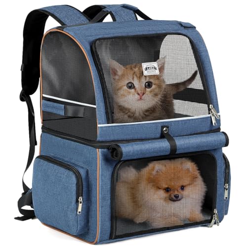 Lekebobor Katzen-Rucksack für 2 Katzen, Doppelfach, Haustiertragetasche für zwei kleine Katzen oder einen mittleren Hunde, Katzentragerucksack, Hundetragerucksack für Hunde bis zu 10,9 kg, Marineblau von Lekebobor