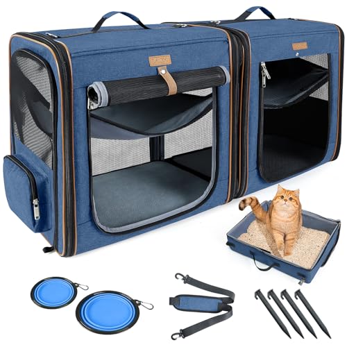 Lekeinchi 2-in-1 Hundebox Transportbox Katze für Mittelgroßes Haustier, Faltbare Katzentransportbox mit Starker Faserrahmen, Katzentoilette, 2 Schalen, 2 Haustiermatte, Medium, Blau von Lekeinchi