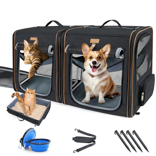 Lekeinchi 2-in-1 Hundebox Transportbox Katze für Mittelgroßes Haustier, Faltbare Katzentransportbox mit Starker Faserrahmen, Katzentoilette, 2 Schalen, 2 Haustiermatte, Groß, Schwarz（XL） von Lekeinchi