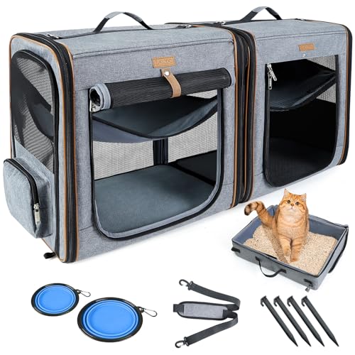 Lekeinchi 2-in-1 Hundebox Transportbox Katze für Mittelgroßes Haustier, Faltbare Katzentransportbox mit Starker Faserrahmen, Katzentoilette, 2 Schalen, 2 Haustiermatte, Medium, Grau von Lekeinchi