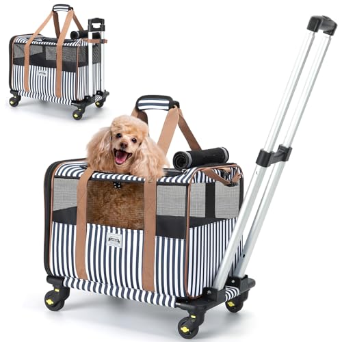 Lekeinchi Faltbare Transportbox Katze Hund mit Rollen, Katzen Transportboxen Anwendbares Flugzeug, 2 in 1 Transporttasche mit Einstellbar Schultergurt, Belüftete - Stabile Katzenbox, Gestreift von Lekeinchi