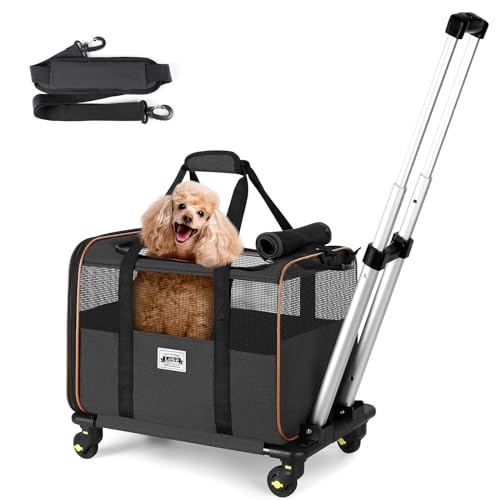 Lekeinchi Faltbare Transportbox Katze Hund mit Rollen, Katzen Transportboxen Anwendbares Flugzeug, 2 in 1 Transporttasche mit Einstellbar Schultergurt, Belüftete - Stabile Katzenbox, Schwarz von Lekeinchi