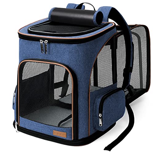 Lekesky Extra Katzen-Rucksack, erweiterbar, für mittelgroße Katzen und kleine Hunde, passend für 8,2 kg, mit ausbruchsicherer Leine, Blau von Lekesky