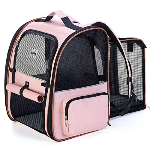 Lekesky Katzentragerucksack für Hunde – tragbarer, atmungsaktiver Rucksack für mittelgroße und kleine Katzen und Hunde, Netzfenster vorne und Taschen (Rosa, 32 x 29 x 42 cm) von Lekesky