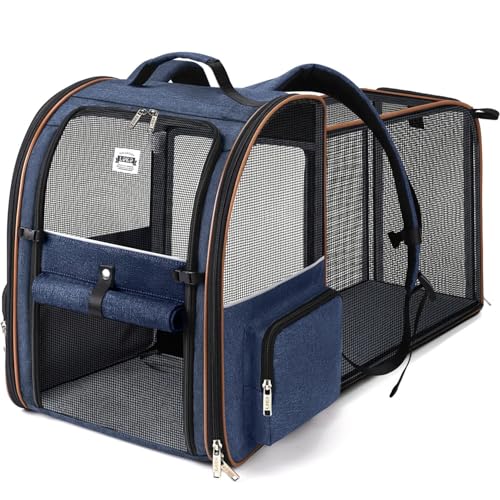 Lekesky Katzentragetasche Hunderucksack – Tragbarer, atmungsaktiver Rucksack für mittelgroße und kleine Katzen und Hunde, Frontöffnungs-Mesh-Fenster und Taschen (Blau, 36 L x 30 B x 44 H) von Lekesky