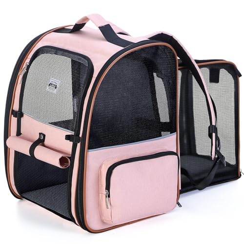 Lekesky Katzentragetasche Hunderucksack – Tragbarer, atmungsaktiver Rucksack für mittelgroße und kleine Katzen und Hunde, Frontöffnungs-Mesh-Fenster und Taschen (Rosa, 36 L x 30 B x 44 H) von Lekesky