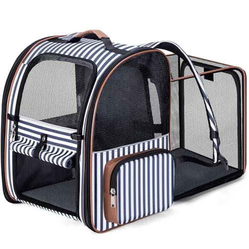 Lekesky Katzentragetasche Hunderucksack – Tragbarer, atmungsaktiver Rucksack für mittelgroße und kleine Katzen und Hunde, Frontöffnungs-Mesh-Fenster und Taschen (gestreift, 36 L x 30 B x 44 H) von Lekesky