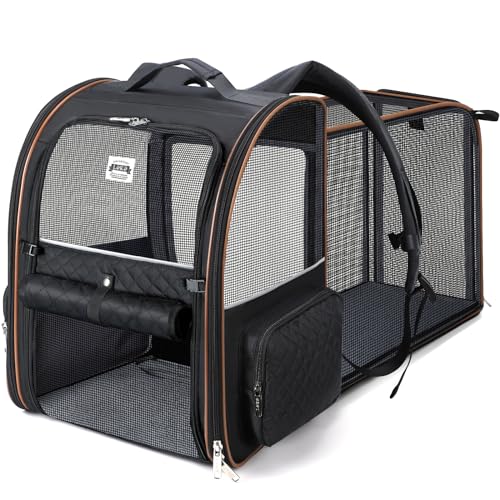 Lekesky Katzentragetasche Hunderucksack – Tragbarer, atmungsaktiver Rucksack für mittelgroße und kleine Katzen und Hunde, Frontöffnungs-Mesh-Fenster und Taschen (schwarz, 36 L x 30 B x 44 H) von Lekesky