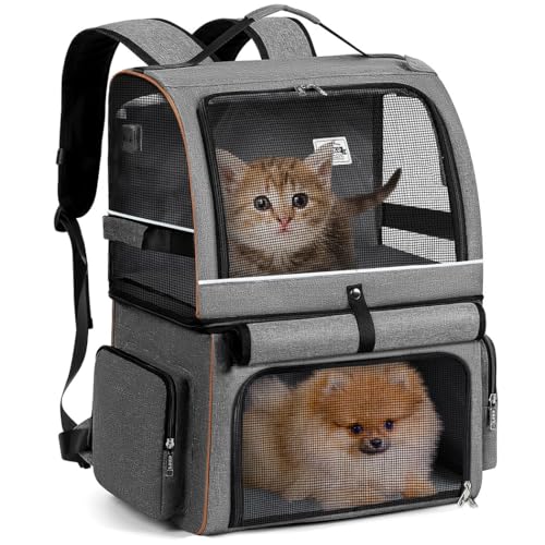 Lekespring Doppellagige Katzen Rucksack für 2 Katzen Große Katzen Transport Rucksack Hunderucksack Faltbare Haustier Rucksack für Katzen Hunde bis 11kg - Grau von Lekespring