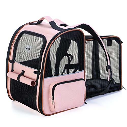 Lekespring Erweiterbar Katzenrucksack Hunderucksack für Katzen Hunde bis 8kg, Groß Katzen Rucksack Faltbare Haustier Rucksack mit Innerer Sicherheitsleine und Haustiermatte, Rosa von Lekespring