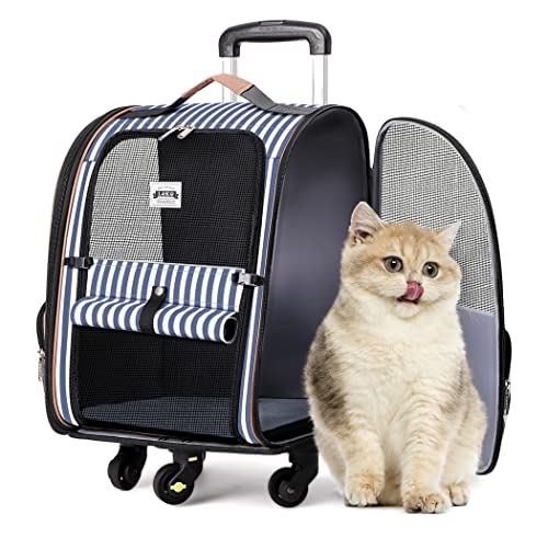 Lekespring Hunderucksack Katzenrucksack mit Trolley 2 in 1 bis 8 kg, Faltbare Hunderucksack Große Transportbox für kleine Hunde, Blau Gestreift-L von Lekespring