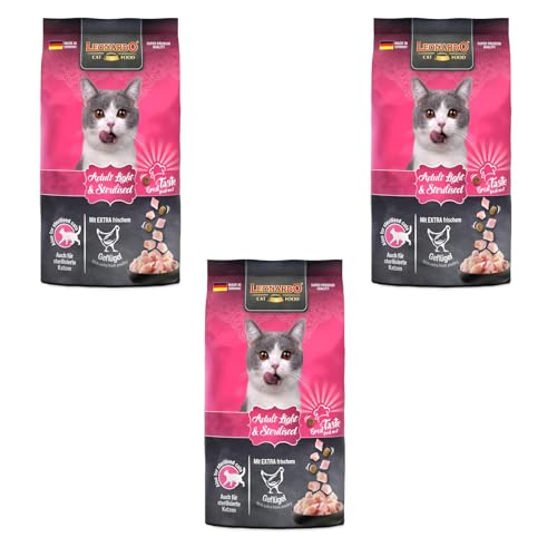 Leonardo Adult Light & Sterilised | 3er Pack | 3 x 300 g | Trockenfutter für ausgewachsene sterilisierte Katzen | Mit Geflügel | Reduzierter Energiegehalt & hoher Eiweißgehalt von Leonardo