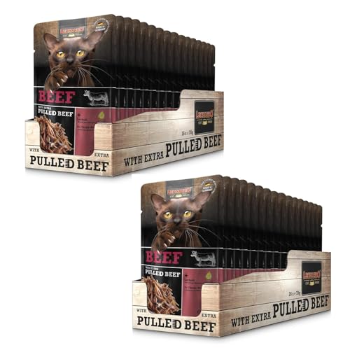 Leonardo Beef mit extra Pulled Beef | Doppelpack | 2 x 16 x 70 g | Alleinfuttermittel für ausgewachsene Katzen | Praktische Einzelportionen im Beutel | Mit saftigem Fleisch von Leonardo