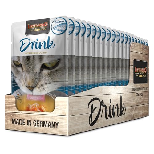 Leonardo Drink Salmon [20x40g Multipack Sorte Lachs] Katzendrink | getreidefreie Fleischbrühe mit Fleischstreifen | Ergänzungsfuttermittel für Katzen von Leonardo