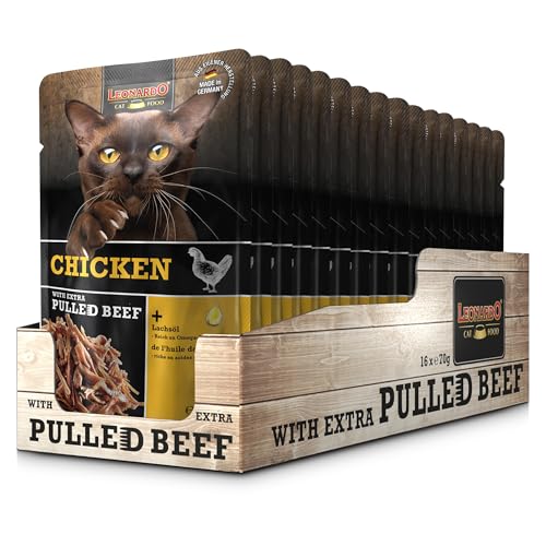 LEONARDO Frischebeutel [16x70g Chicken mit Fleischstreifen] Pulled Beef | Getreidefreies Nassfutter für Katzen | Alleinfuttermittel Katzenfutter von Leonardo