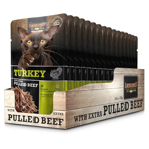 Leonardo Frischebeutel [16x70g Turkey mit Fleischstreifen] Pulled Beef | Getreidefreies Nassfutter für Katzen | Alleinfuttermittel Katzenfutter von Leonardo