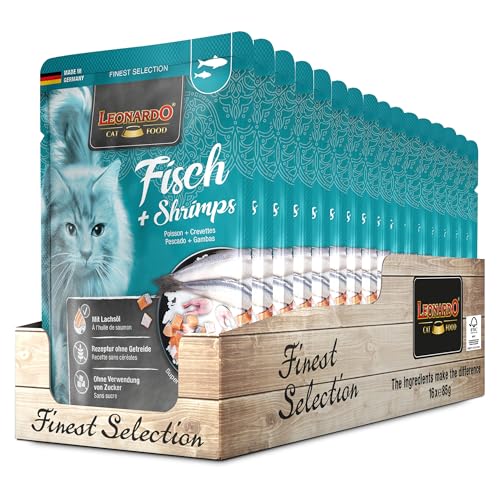 Leonardo Frischebeutel [16x85g Fisch & Shrimps] | Getreidefreies Nassfutter für Katzen | Feuchtfutter Alleinfutter im Einzelportionsbeutel von Leonardo