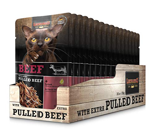 Leonardo Frischebeutel Beef mit Fleischstreifen [Pulled Beef] 70g | Getreidefreies Nassfutter für Katzen | Alleinfuttermittel Katzenfutter von Leonardo