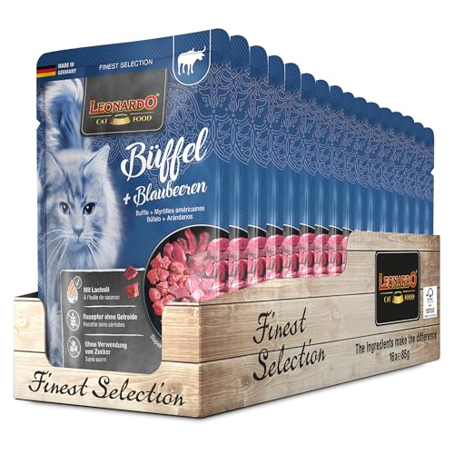 Leonardo Nassfutter im Frischebeutel [16x85g Büffel und Blaubeere] | Getreidefreies Nassfutter für Katzen | Alleinfutter im Einzelportionsbeutel von Leonardo