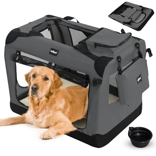 Leopet® Hundebox - Faltbar, Große/Kleine Hunde, Stoff, mit Napf, für Zuhause, Auto - Transportbox, Transporttasche, Tragetasche, Hunde, Katzen, Haustier (Anthrazit, XXXL: 102x69x69 cm - LxBxH) von Leopet