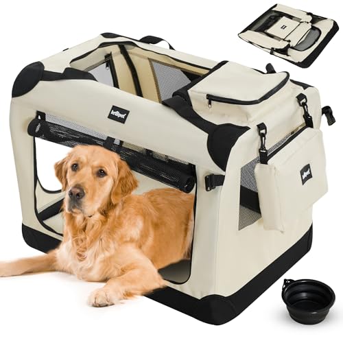 Leopet® Hundebox - Faltbar, Große/Kleine Hunde, Stoff, mit Napf, für Zuhause, Auto - Transportbox, Transporttasche, Tragetasche, Hunde, Katzen, Haustier (Beige, XXXL: 102x69x69 cm - LxBxH) von Leopet