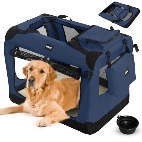 Leopet® Hundebox - Faltbar, Große/Kleine Hunde, Stoff, mit Napf, für Zuhause, Auto - Transportbox, Transporttasche, Tragetasche, Hunde, Katzen, Haustier (Blau, XXXL: 102x69x69 cm - LxBxH) von Leopet