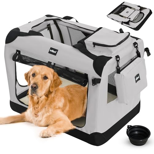 Leopet® Hundebox - Faltbar, Große/Kleine Hunde, Stoff, mit Napf, für Zuhause, Auto - Transportbox, Transporttasche, Tragetasche, Hunde, Katzen, Haustier (Grau, XXXL: 102x69x69 cm - LxBxH) von Leopet