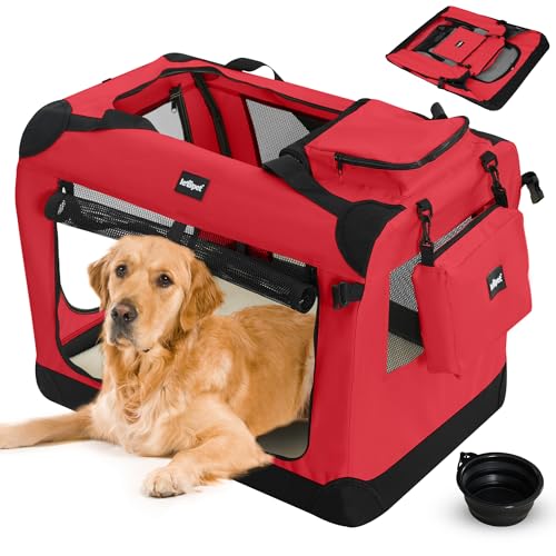 Leopet® Hundebox - Faltbar, Große/Kleine Hunde, Stoff, mit Napf, für Zuhause, Auto - Transportbox, Transporttasche, Tragetasche, Hunde, Katzen, Haustier (Rot, XXXL: 102x69x69 cm - LxBxH) von Leopet