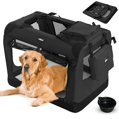 Leopet® Hundebox - Faltbar, Große/Kleine Hunde, Stoff, mit Napf, für Zuhause, Auto - Transportbox, Transporttasche, Tragetasche, Hunde, Katzen, Haustier (Schwarz, XXXL: 102x69x69 cm - LxBxH) von Leopet