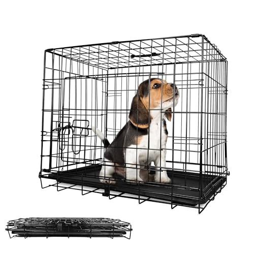 Leopet® Hundekäfig - Faltbar, für Zuhause, Wohnung, Leicht, mit Kunststoffschale, aus Metall, Schwarz - Hundetransportkäfig, Hundetransportbox, Tiertransportbox, Hundebox (LxBxH: 61x42x49 cm) von Leopet