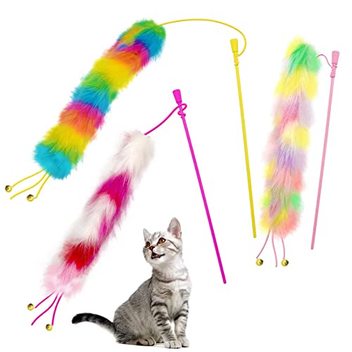 Lepawit 3 Pack Katzenspielzeug Regenbogen Katze Feder Spielzeug mit Glocken Katze Teaser Zauberstab mit weichem pelzigem Schwanz Interaktives Katzenspielzeug für Indoor Katzen & Kätzchen & Kitty von Lepawit