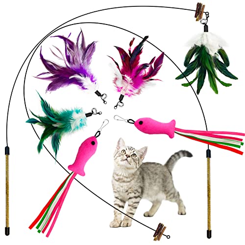 Lepawit Katzenspielzeug 8 Stück,Interaktives KatzenSpielzeug mit Federn, Teaser mit 2 Stangen,6 Katzenangel Ersatzfedern mit Feder/Silberrebe Sticks/Glocke, Katzenspielzeug Set für Kätzchen und Katzen von Lepawit