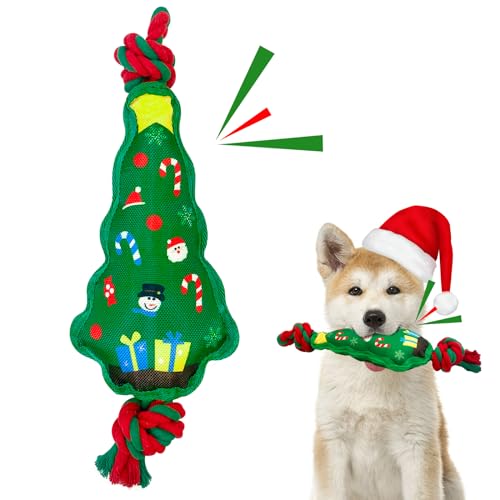 Lepawit Weihnachts-Hundespielzeug, quietschendes Hundespielzeug mit Seil für Hunde, stabiles Kauspielzeug für kleine und mittelgroße Hunde – Weihnachtsbaum von Lepawit