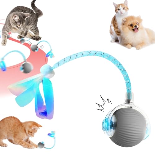 Interaktives Katzenspielzeug Ball Elektrisch, Intelligente Beweglichen Katzenball mit Elastischem Netzschwanz, USB Aufladbar Katzen Ball mit 3 Arbeitsmodi, Interaktiver Spielball für Katzen (Grau) von Lergas