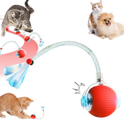 Interaktives Katzenspielzeug Ball Elektrisch, Intelligente Beweglichen Katzenball mit Elastischem Netzschwanz, USB Aufladbar Katzen Ball mit 3 Arbeitsmodi, Interaktiver Spielball für Katzen (Rot) von Lergas