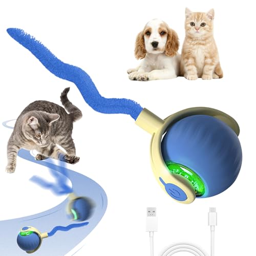 Interaktives Katzenspielzeug Selbstbeschäftigung, Katzenspielzeug Elektrisch Ball mit Schwanz, Intelligente Rollen Katzenball Spielzeug Katze, USB Aufladbar Interaktiver Spielball für Katzen (Blau) von Lergas