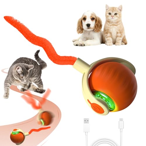 Interaktives Katzenspielzeug Selbstbeschäftigung, Katzenspielzeug Elektrisch Ball mit Schwanz, Intelligente Rollen Katzenball Spielzeug Katze, USB Aufladbar Interaktiver Spielball für Katzen (Orange) von Lergas