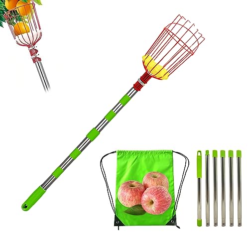 Lergas Obstpflücker mit Teleskopstiel, Apfelpflücker mit Teleskopstiel Edelstahl, Kirschenpflücker mit Baumwollbeutel, Obstpflücker Gardena Einfach zu Montieren für Outdoor Garten, Obstgärten (2.4M) von Lergas